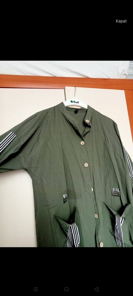 Düğmeli Uzun Haki Kadın gömlek - Görsel 2