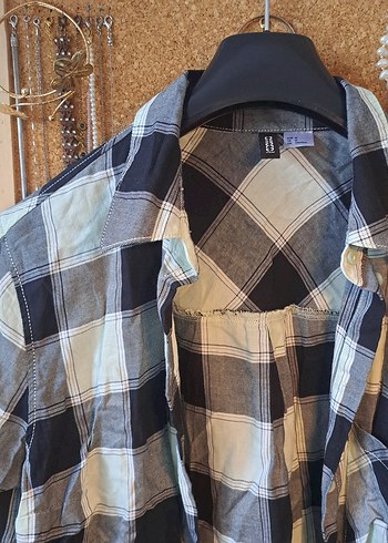 H&M Gri&Yeşil Kareli Düğmeli %100 Pamuklu Retro Kadın H&M Gömlek