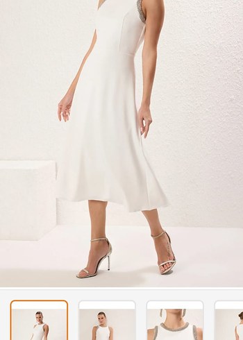Trendyol & Milla Beyaz Midi Askılı Drape Detaylı Abiye Elbise