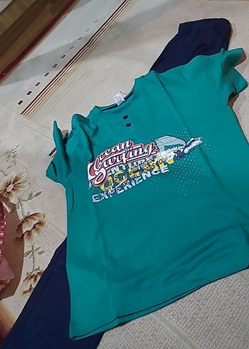 8 Yaş Beden Çift Kaplan erkek Çocuk Yeşil Düğmeli Kısa Kollu Pijama Tk 8 yaş