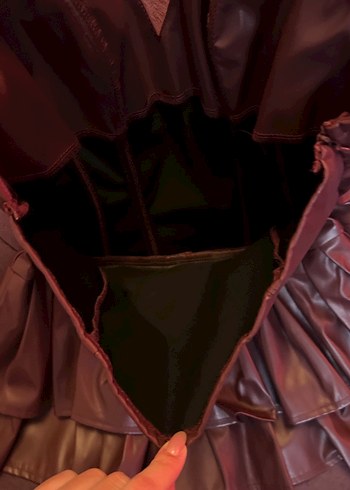 Bordo Deri Mini Fırfırlı Elbise - Görsel 3