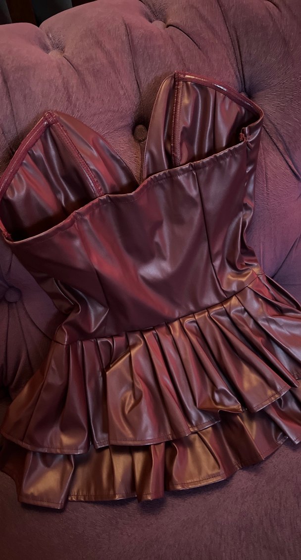 Bordo Deri Mini Fırfırlı Elbise - Görsel 2