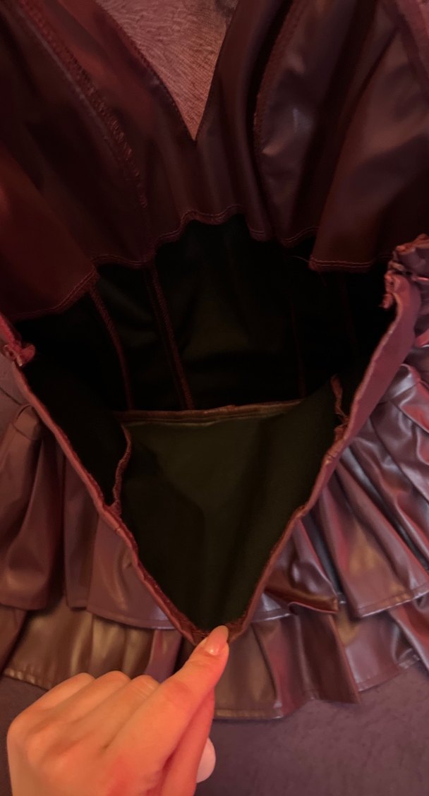 Bordo Deri Mini Fırfırlı Elbise - Görsel 3