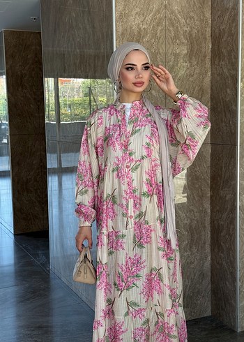 m Beden pembe Renk Pembe Desenli Uzun Salaş Elbise