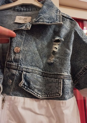 Düğmeli Beyaz Gri kot Ceket - Görsel 4