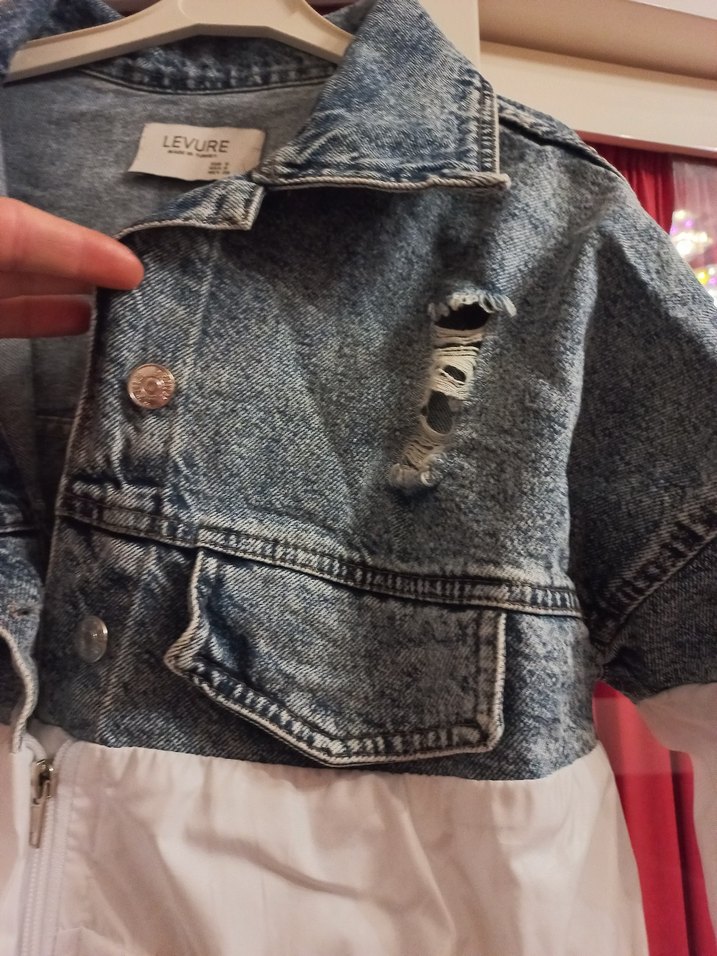 Düğmeli Beyaz Gri kot Ceket - Görsel 4