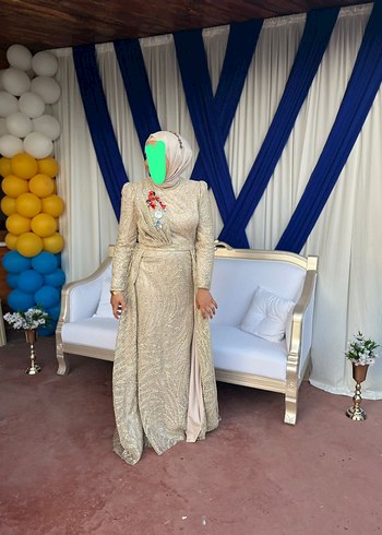 Bej İşlemeli Uzun Kol Drapeli Nişan Elbisesi - Görsel 2