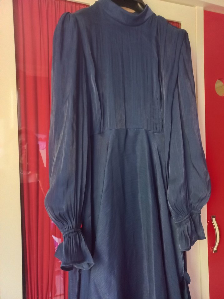 Uzun Kollu Drapeli Mavi Uzun Elbise - Görsel 2