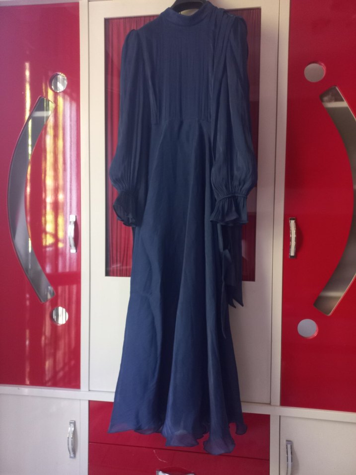 Uzun Kollu Drapeli Mavi Uzun Elbise - Görsel 3