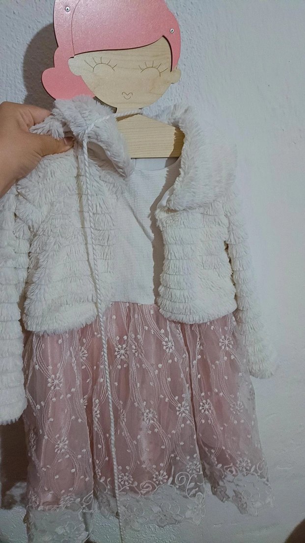 Beyaz Kürklü pembe abiye elbise - Görsel 2