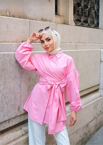 Pembe bağlamalı fiyonk detaylı tunik - Görsel 2