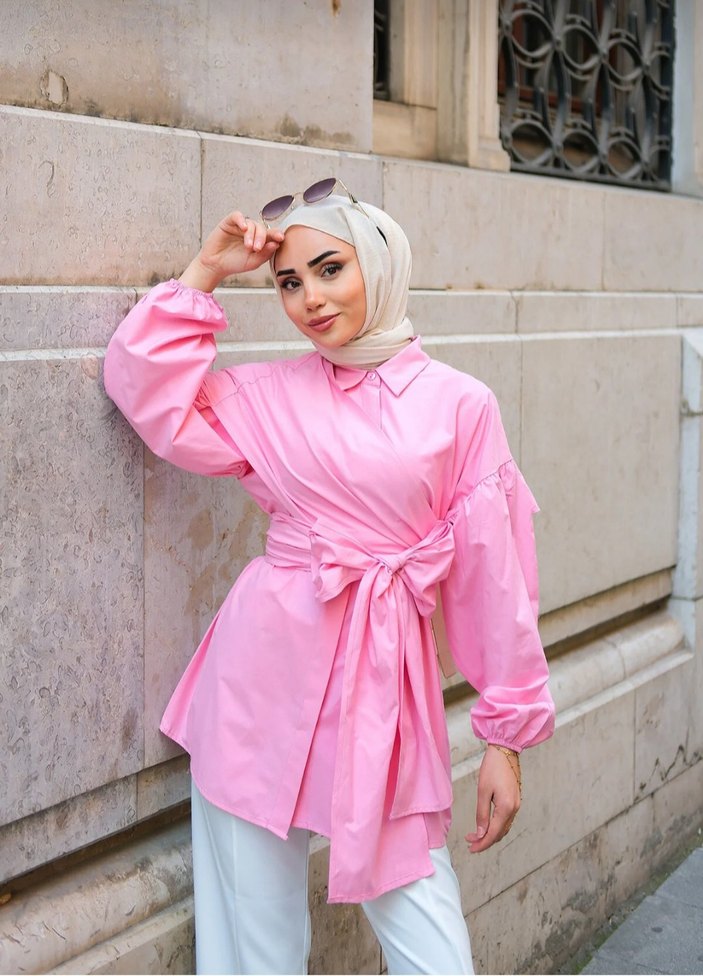 Pembe bağlamalı fiyonk detaylı tunik - Görsel 2