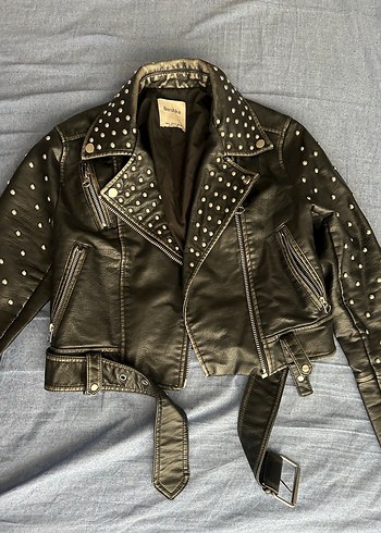 Bershka Siyah Deri Biker Ceket, Tokalı, Çivili