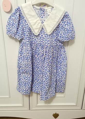 Mavi Renk Çiçekli Kız Elbisesi Dantel Yaka - Görsel 3