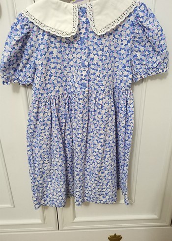 Mavi Renk Çiçekli Kız Elbisesi Dantel Yaka - Görsel 2