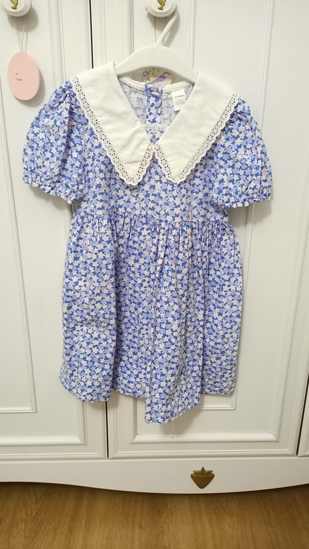 Mavi Renk Çiçekli Kız Elbisesi Dantel Yaka - Görsel 3