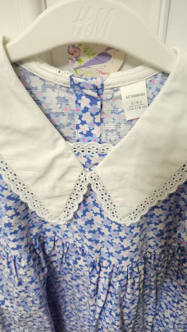 Mavi Renk Çiçekli Kız Elbisesi Dantel Yaka - Görsel 4