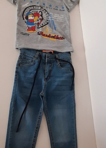 3 Yaş Beden gri Renk Gri Baskılı Tişört ve Kot Pantolon Seti