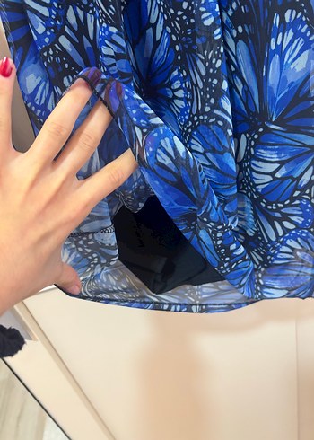 Mavi Kelebek Desenli Uzun Kollu Elbise - Görsel 4