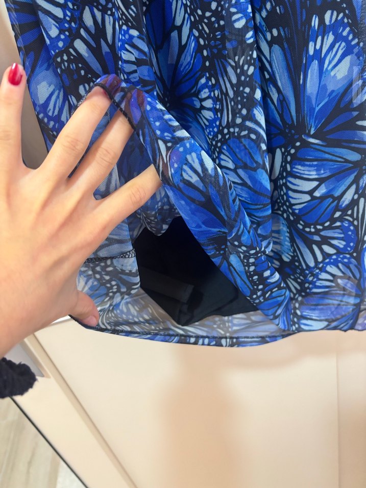 Mavi Kelebek Desenli Uzun Kollu Elbise - Görsel 4