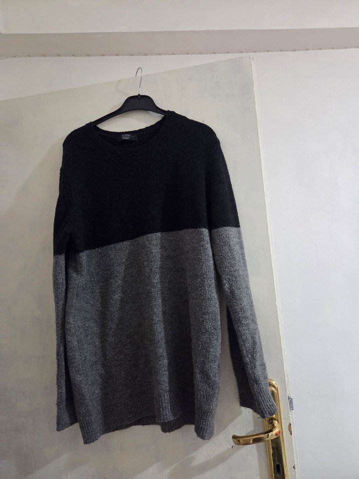 Gri İki Renkli Örgü Yün Kazak - Görsel 2