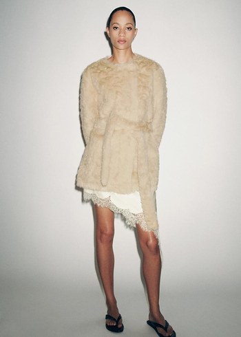 Bej Kadın Suni Kürk Midi Mont - Görsel 5