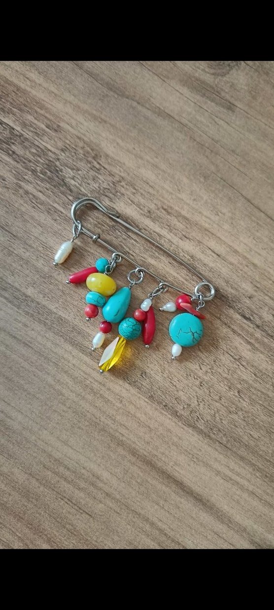 İnci Turkuaz Mercan Etnik Broş - Görsel 2