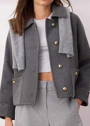 Gri Düğmeli Kısa Yün Kadın Ceket - Görsel 3