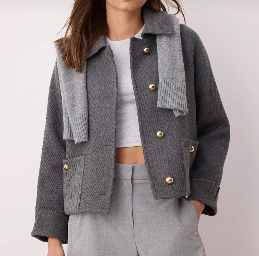 Gri Düğmeli Kısa Yün Kadın Ceket - Görsel 3