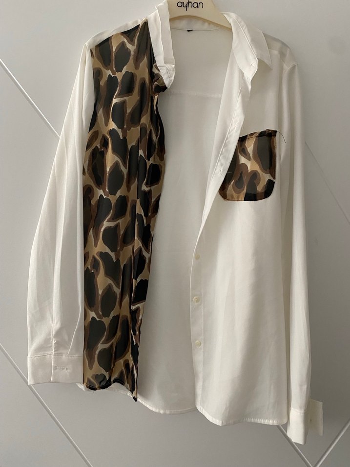 Leopar Desenli Beyaz Kadın Gömlek - Görsel 2