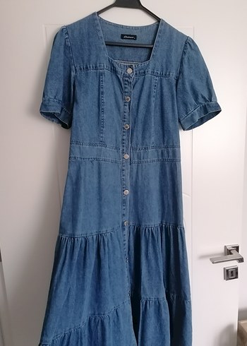 Düğmeli Midi Denim Kadın Elbise