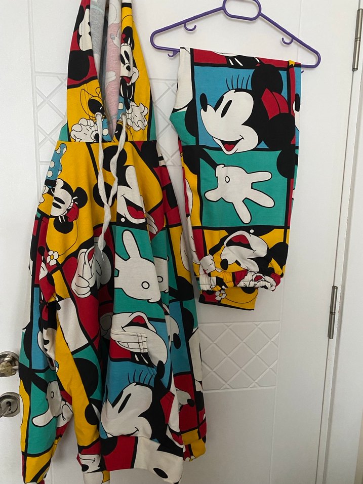 Renkli Mickey Baskılı Kapüşonlu Sweatshirt takım - Görsel 2