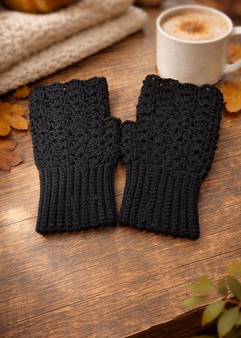 Siyah Örgü Parmaksız Kadın Eldiveni - Görsel 2