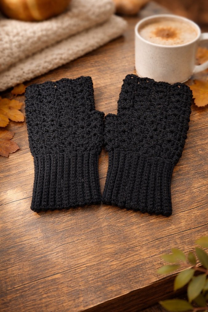 Siyah Örgü Parmaksız Kadın Eldiveni - Görsel 2