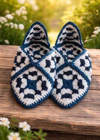 Renkli Örgü Kadın Dolgu Topuk Ev Terliği - Görsel 2