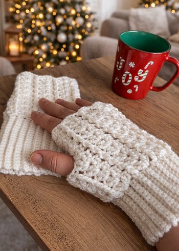 Beyaz Örgü Kadın Eldiven - Görsel 2