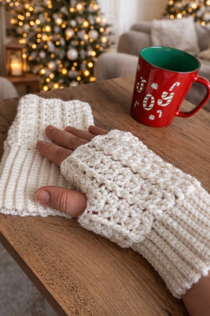 Beyaz Örgü Kadın Eldiven - Görsel 2