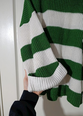 Yeşil Beyaz Çizgili Örgü Kadın Kazak - Görsel 4