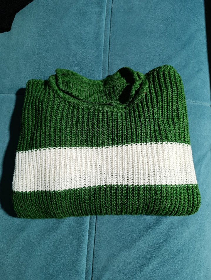 Yeşil Beyaz Çizgili Örgü Kadın Kazak - Görsel 5