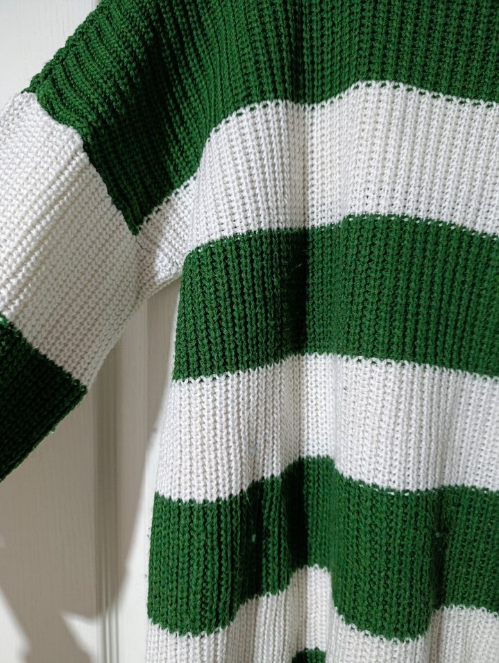 Yeşil Beyaz Çizgili Örgü Kadın Kazak - Görsel 3