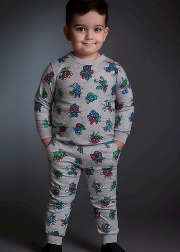 Çiçek Desenli Gri Çocuk pijama Takımı