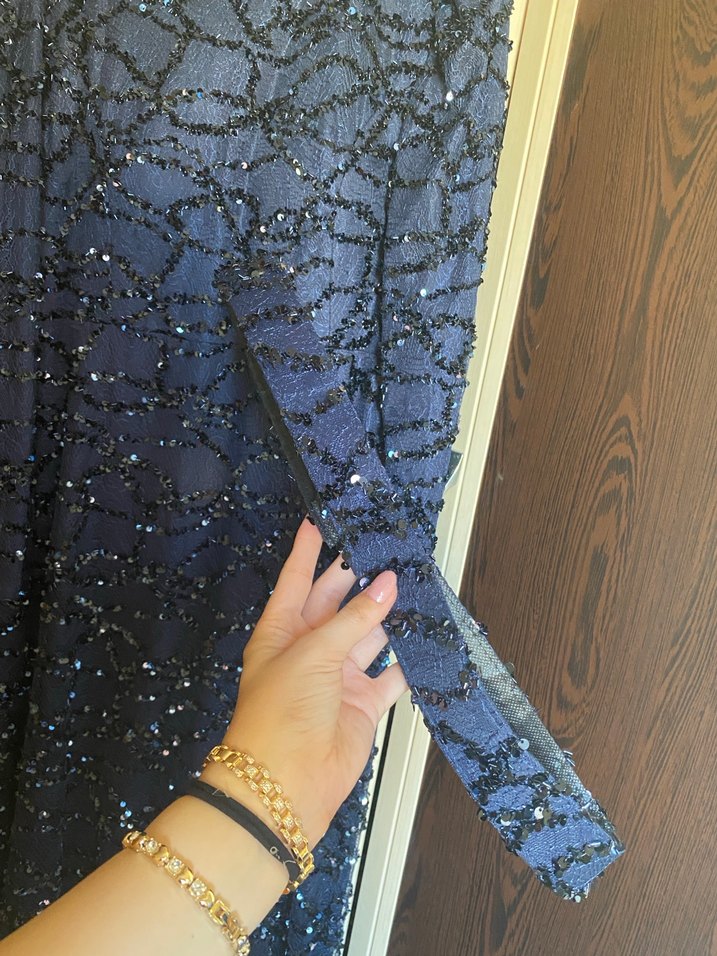 Boncuk İşlemeli Lacivert Uzun Abiye Elbise - Görsel 5