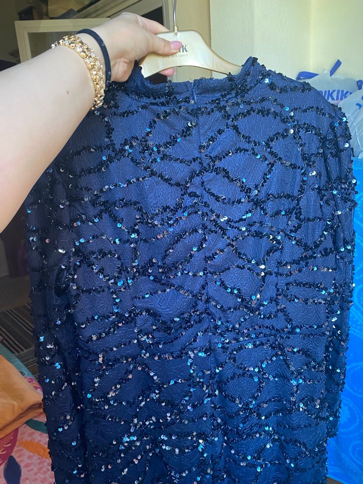 Boncuk İşlemeli Lacivert Uzun Abiye Elbise - Görsel 4