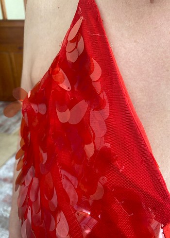 Parlak Kırmızı Yılan Desenli Uzun Abiye Elbise - Görsel 5