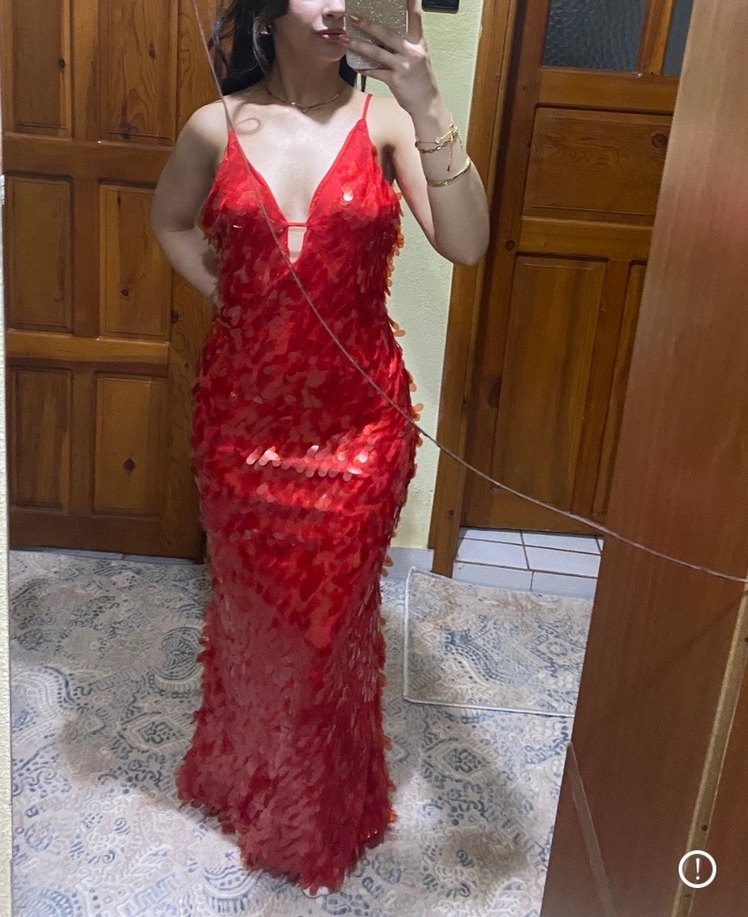 Parlak Kırmızı Yılan Desenli Uzun Abiye Elbise - Görsel 2