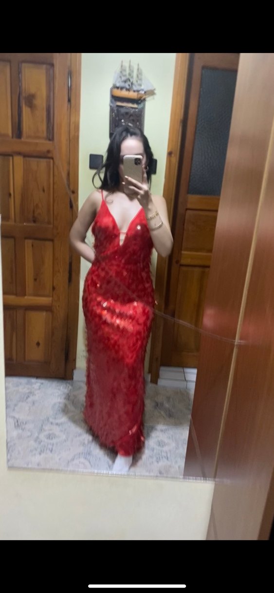 Parlak Kırmızı Yılan Desenli Uzun Abiye Elbise - Görsel 3