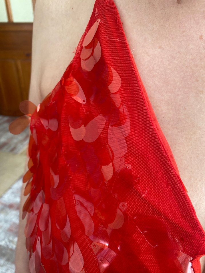 Parlak Kırmızı Yılan Desenli Uzun Abiye Elbise - Görsel 5