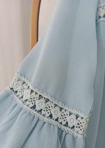 Mavi Dantel Detaylı Kadın Uzun Kollu Bluz - Görsel 4