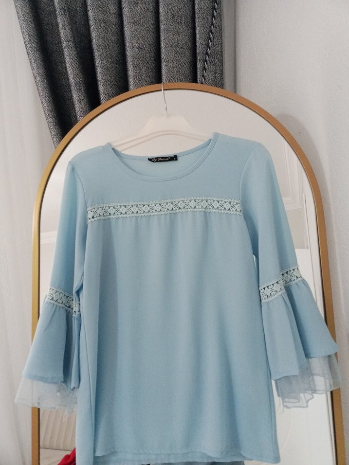 Mavi Dantel Detaylı Kadın Uzun Kollu Bluz - Görsel 2