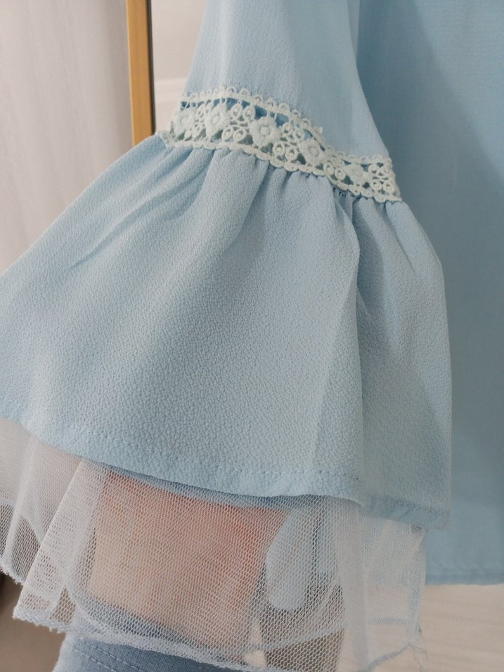 Mavi Dantel Detaylı Kadın Uzun Kollu Bluz - Görsel 3